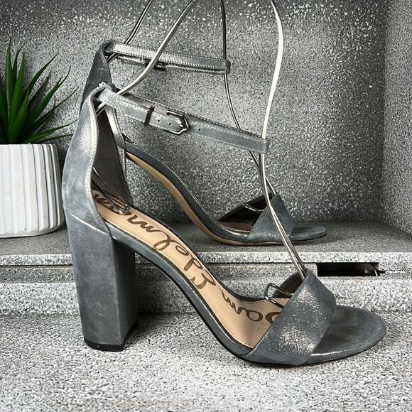 SAM EDELMAN | Yaro Ankle Strap Block Heel Sandals Metallic Pewter Size 9 - Picture 1 of 9